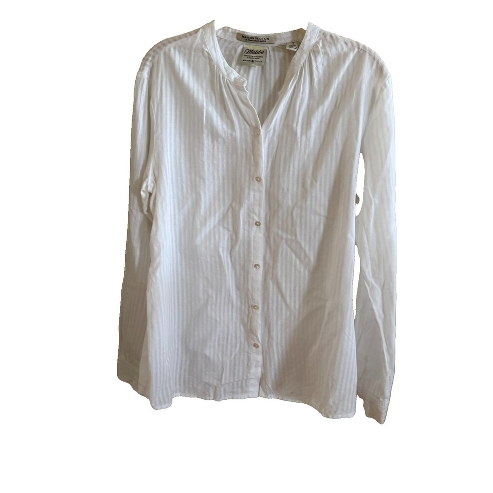 Maison Scotch Women's White Striped Sheer Button-Up Shirt Collar Cotton Size 10